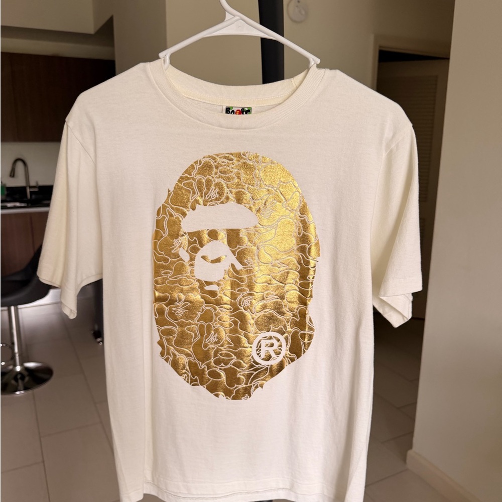 Bape White T-Shirt with Gold Ape Head Graphic